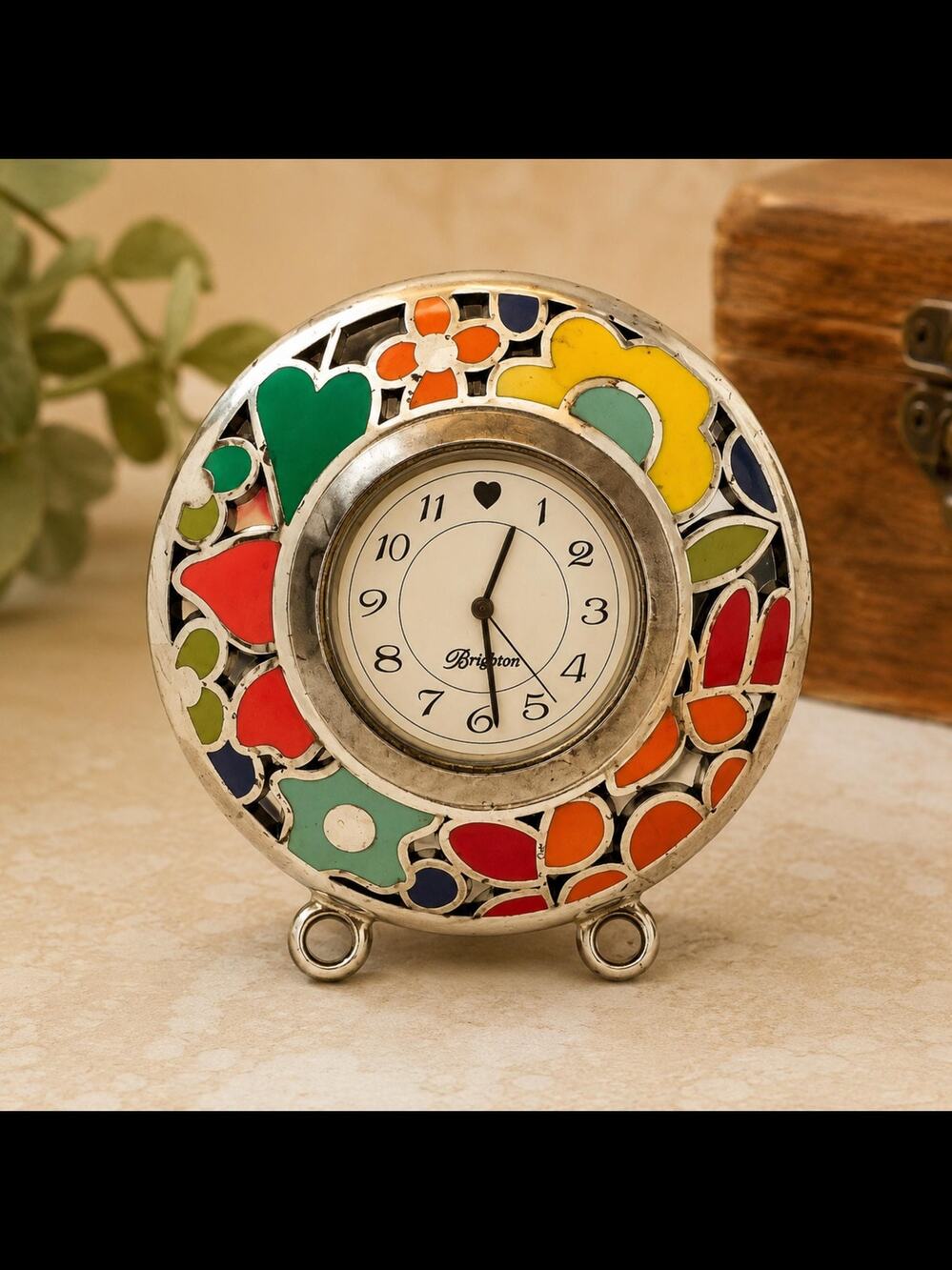 Vintage Brighton Mini Desk Clock Enamel Floral Heart Silver Tone Tabletop Clock